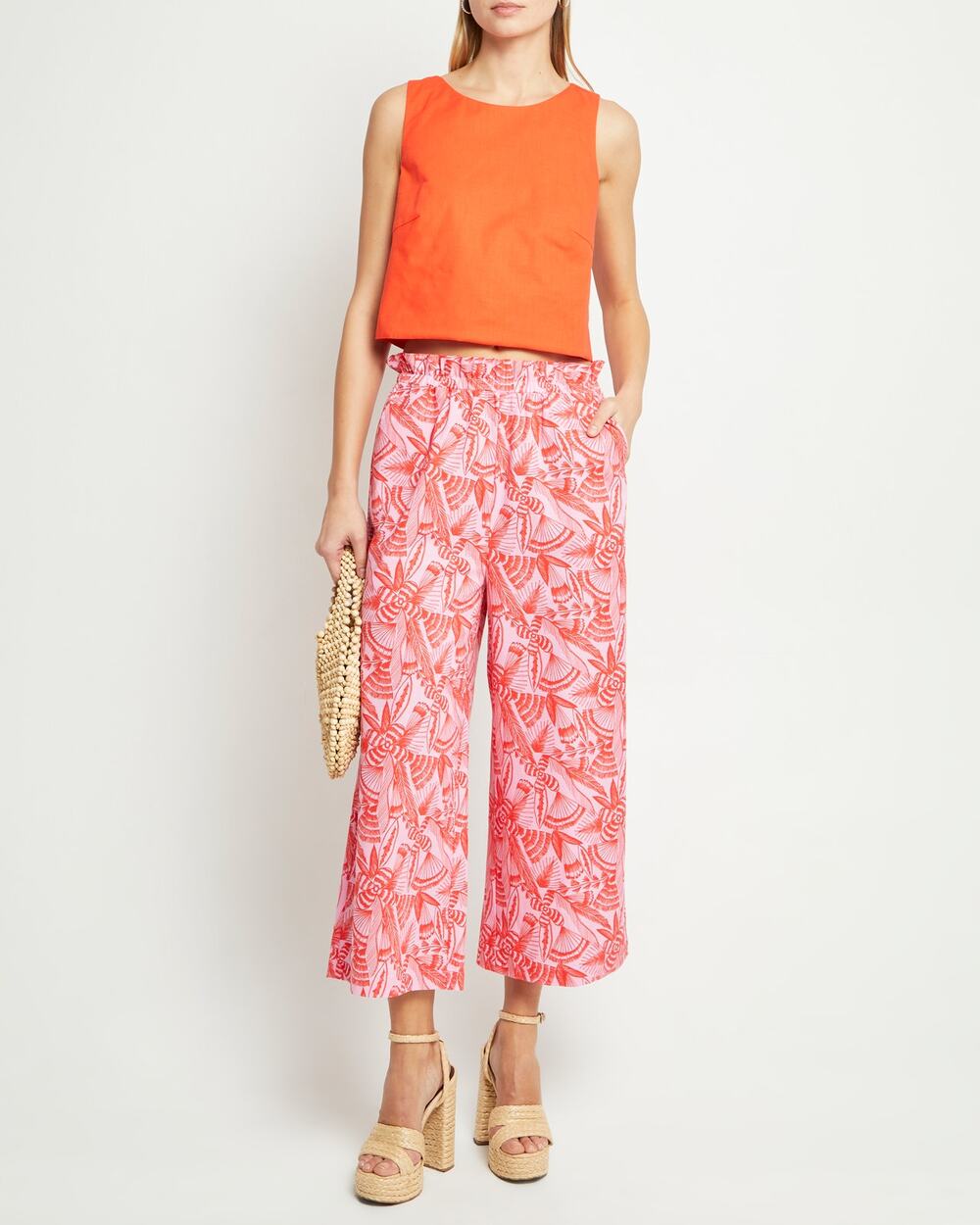 kourt Sienna Pink Orange Tropical Cropped Wide Leg Cool Cotton Relaxed Pants S